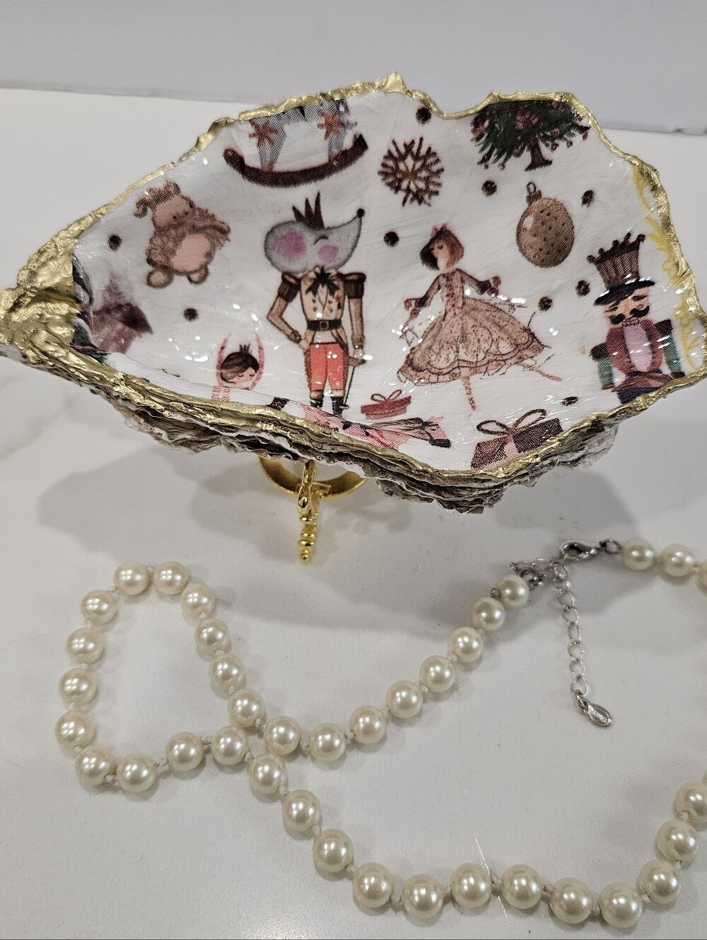 Decoupaged Oyster Shell Nutcracker Print Ring Dish Trinket Jewelry Holder